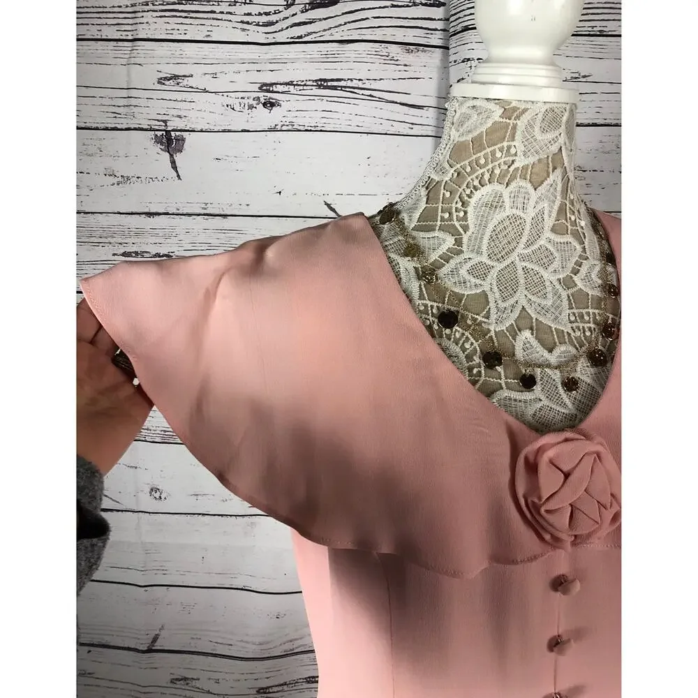 Vintage 80's Jessica McClintock Pink Dress ruffled collar button front size 12
